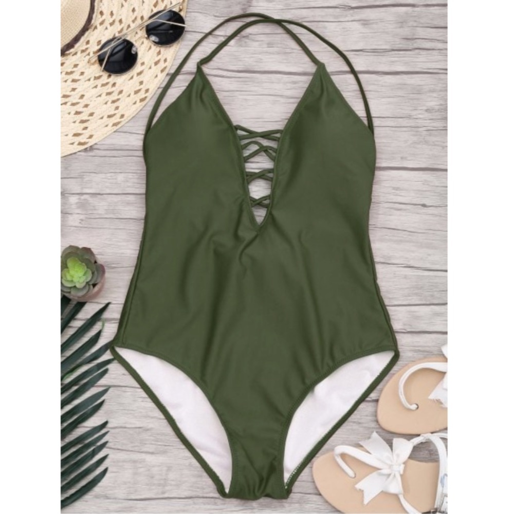 Laced Front High Cut One Piece Swimsuit